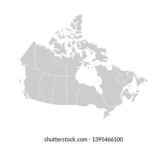 Vector isolated illustration of simplified administrative map of Canada. Borders of the provinces (regions). Grey silhouettes. White outline