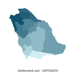 Vector isolated illustration of simplified administrative map of Saudi Arabia. Borders of the regions. Colorful blue khaki silhouettes