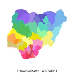 Vector isolated illustration of simplified administrative map of Nigeria. Borders of the regions. Multi colored silhouettes