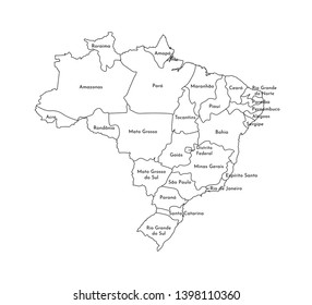 Vector isolated illustration of simplified administrative map of Brazil. Borders and names of the regions. Black line silhouettes