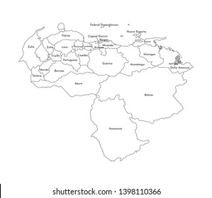 Vector isolated illustration of simplified administrative map of Venezuela. Borders and names of the regions. Black line silhouettes