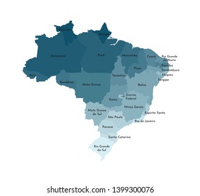 Vector isolated illustration of simplified administrative map of Brazil. Borders and names of the regions. Colorful blue khaki silhouettes