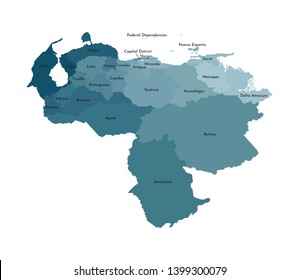 Vector isolated illustration of simplified administrative map of Venezuela. Borders and names of the regions. Colorful blue khaki silhouettes