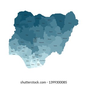 Vector isolated illustration of simplified administrative map of Nigeria. Borders and names of the regions. Colorful blue khaki silhouettes