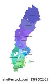 Vector isolated illustration of simplified administrative map of Sweden. Borders and names of the regions. Multi colored silhouettes