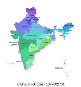 Vector isolated illustration of simplified administrative map of India. Borders and names of the states. Multi colored silhouettes