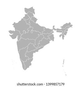 Vector isolated illustration of simplified administrative map of India. Borders of the states (regions). Grey silhouettes. White outline