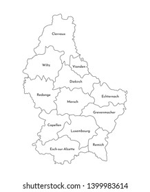 Vector isolated illustration of simplified administrative map of Grand Duchy of Luxembourg. Borders and names of the cantons. Black line silhouettes