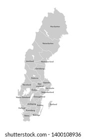 Vector isolated illustration of simplified administrative map of Sweden. Borders and names of the counties (regions). Grey silhouettes. White outline