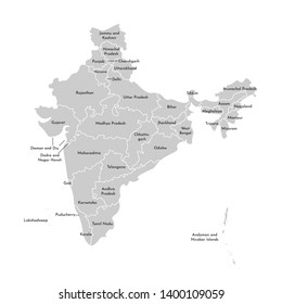 Vector isolated illustration of simplified administrative map of India. Borders and names of the states (regions). Grey silhouettes. White outline