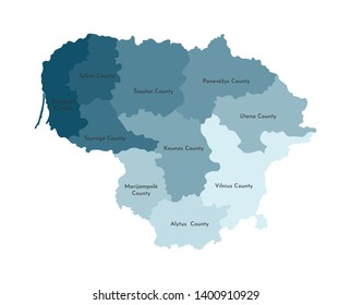 Vector isolated illustration of simplified administrative map of Lithuania. Borders and names of the regions. Colorful blue khaki silhouettes