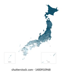 Vector isolated illustration of simplified administrative map of Japan. Borders and names of the prefectures. Colorful blue khaki silhouettes