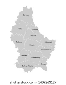 Vector isolated illustration of simplified administrative map of Grand Duchy of Luxembourg. Borders and names of the provinces (cantons). Grey silhouettes. White outline