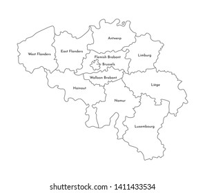Vector isolated illustration of simplified administrative map of Belgium. Borders and names of the regions. Black line silhouettes