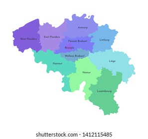 Vector isolated illustration of simplified administrative map of Belgium. Borders and names of the regions. Multi colored silhouettes