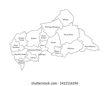 Vector isolated illustration of simplified administrative map of Central African Republic (CAR). Borders and names of the regions. Black line silhouettes.