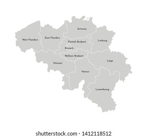 Vector isolated illustration of simplified administrative map of Belgium. Borders and names of the provinces (regions). Grey silhouettes. White outline