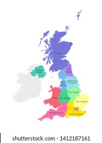 Vector isolated illustration of simplified administrative map of the United Kingdom of Great Britain and Northern Ireland. Borders and names of the regions. Multi colored silhouettes svg