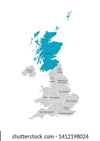 Vector isolated illustration of simplified administrative map of the United Kingdom (UK). Blue shape of Scotland. Borders and names of the regions. Grey silhouettes. White outline