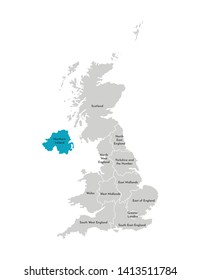 Vector isolated illustration of simplified administrative map of the United Kingdom (UK). Blue shape of Northern Ireland. Borders and names of the regions. Grey silhouettes. White outline