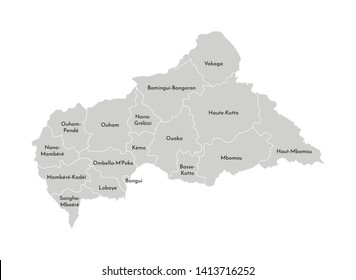 Vector isolated illustration of simplified administrative map of Central African Republic (CAR). Borders and names of the provinces (regions). Grey silhouettes. White outline