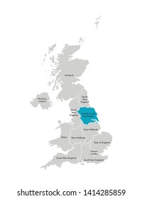 Vector isolated illustration of simplified administrative map of the United Kingdom (UK). Blue shape of Yorkshire and the Humber. Borders and names of the regions. Grey silhouettes. White outline