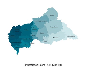 Vector isolated illustration of simplified administrative map of Central African Republic (CAR). Borders and names of the regions. Colorful blue khaki silhouettes