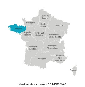 Vector isolated illustration of simplified administrative map of France. Blue shape of Brittany. Borders of the provinces (regions). Grey silhouettes. White outline