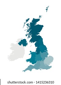 Vector isolated illustration of simplified administrative map of the United Kingdom of Great Britain and Northern Ireland. Borders of the regions. Colorful blue khaki silhouettes svg