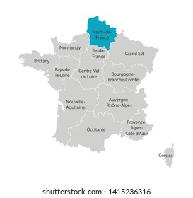 Vector isolated illustration of simplified administrative map of France. Blue shape of Hauts-de-France. Borders of the provinces (regions). Grey silhouettes. White outline