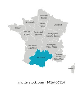 Vector isolated illustration of simplified administrative map of France. Blue shape of Occitanie. Borders of the provinces (regions). Grey silhouettes. White outline