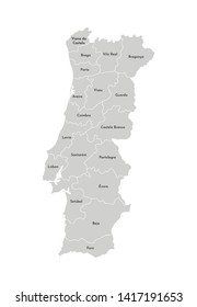 Vector isolated illustration of simplified administrative map of Portugal. Borders and names of the provinces (regions). Grey silhouettes. White outline