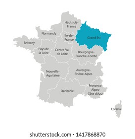 Vector isolated illustration of simplified administrative map of France. Blue shape of Grand Est. Borders of the provinces (regions). Grey silhouettes. White outline