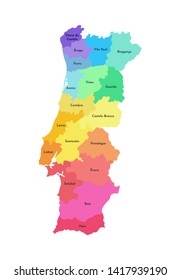 Vector isolated illustration of simplified administrative map of Portugal. Borders and names of the regions. Multi colored silhouettes