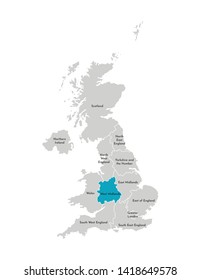 Vector isolated illustration of simplified administrative map of the United Kingdom (UK). Blue shape of West Midlands. Borders and names of the regions. Grey silhouettes. White outline
