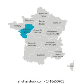 Vector isolated illustration of simplified administrative map of France. Blue shape of Pays de la Loire. Borders of the provinces (regions). Grey silhouettes. White outline