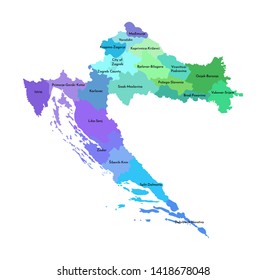 Vector isolated illustration of simplified administrative map of Croatia. Borders and names of the regions. Multi colored silhouettes