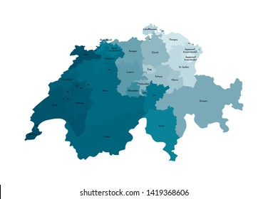 Vector isolated illustration of simplified administrative map of Switzerland. Borders and names of the regions. Colorful blue khaki silhouettes.