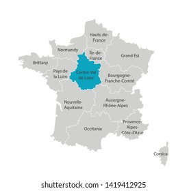 Vector isolated illustration of simplified administrative map of France. Blue shape of Centre-Val de Loire. Borders of the provinces (regions). Grey silhouettes. White outline