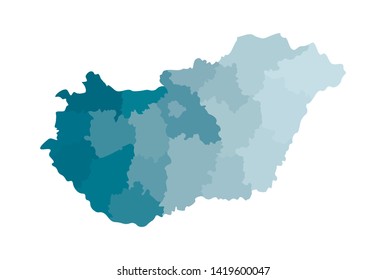 Vector isolated illustration of simplified administrative map of Hungary. Borders of the regions. Colorful blue khaki silhouettes