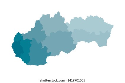 Vector isolated illustration of simplified administrative map of Slovakia. Borders of the regions. Colorful blue khaki silhouettes