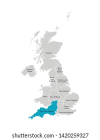 Vector isolated illustration of simplified administrative map of the United Kingdom (UK). Blue shape of South West England. Borders and names of the regions. Grey silhouettes. White outline