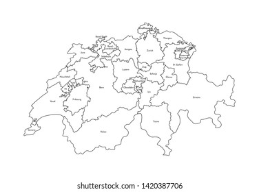 Vector isolated illustration of simplified administrative map of Switzerland. Borders and names of the regions (cantons). Black line silhouettes