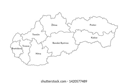 Vector isolated illustration of simplified administrative map of Slovakia. Borders and names of the regions. Black line silhouettes
