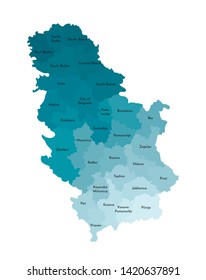 Vector isolated illustration of simplified administrative map of Serbia. Borders and names of the districts. Colorful blue khaki silhouettes