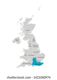 Vector Isolated Illustration Of Simplified Administrative Map Of The United Kingdom (UK). Blue Shape Of South East England. Borders And Names Of The Regions. Grey Silhouettes. White Outline