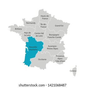 Vector isolated illustration of simplified administrative map of France. Blue shape of Nouvelle-Aquitaine. Borders of the provinces (regions). Grey silhouettes. White outline