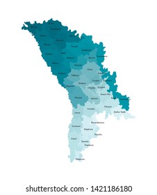 Vector isolated illustration of simplified administrative map of Moldova. Borders and names of the districts. Colorful blue khaki silhouettes