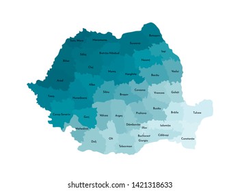Vector isolated illustration of simplified administrative map of Romania. Borders and names of the counties. Colorful blue khaki silhouettes