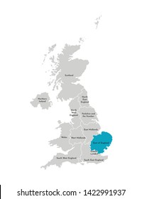 Vector isolated illustration of simplified administrative map of the United Kingdom (UK). Blue shape of East of England. Borders and names of the regions. Grey silhouettes. White outline
